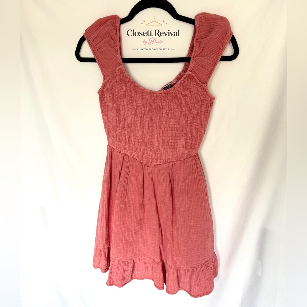 American Eagle Dusty Rose Gauze Smocked Mini Dress Ruffle Cap Sleeve Size S